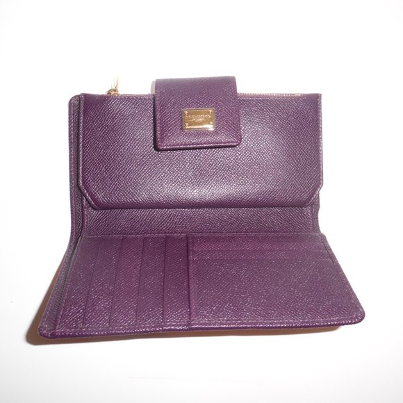 Dolce & Gabbana Saffiano Leather Logo Plaque Trifold Wallet Eggplant Cardholder - Picture 11 of 13